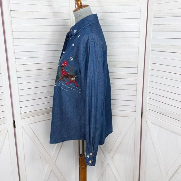 Karen Scott Embroidered Country Christmas Denim Button Up Shirt Blue Medium - Picture 4 of 12